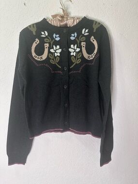 Scotch & Soda Black Cardigan with horseshoes,Floral and Bird Intarsia